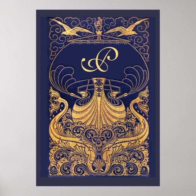 Antique Vessel,Dolphins,Gold,Navy Blue Monogram Poster (Front)