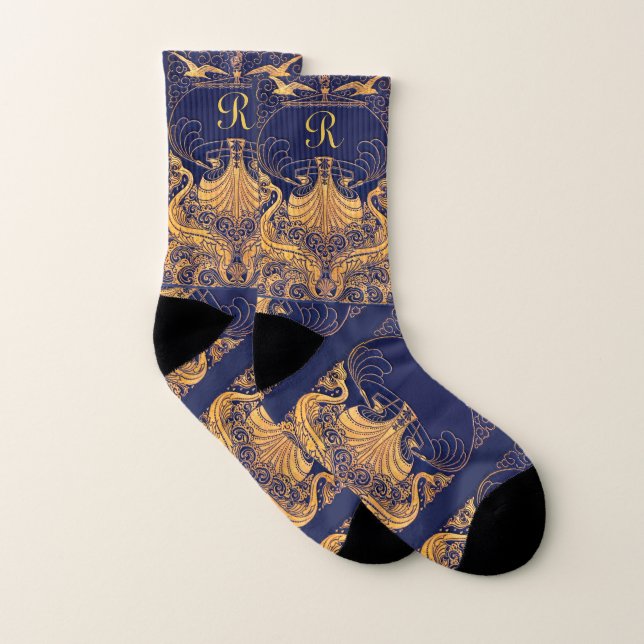 Antique Vessel,Dolphins,Gold,Navy Blue Monogram Socks (Pair)