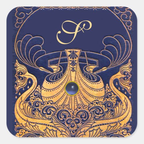 Antique VesselDolphinsGoldNavy Blue Monogram Square Sticker