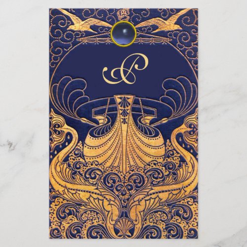 Antique VesselDolphinsGoldNavy Blue Monogram Stationery