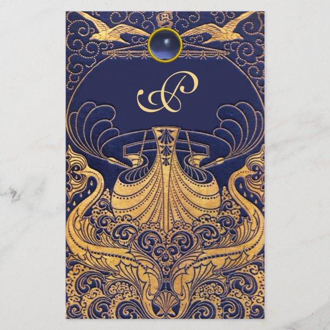 Antique Vessel,Dolphins,Gold,Navy Blue Monogram Stationery (Front)