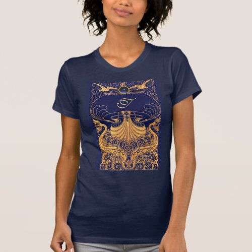 Antique VesselDolphinsGoldNavy Blue Monogram T_Shirt