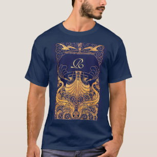 Antique Vessel,Dolphins,Gold,Navy Blue Monogram T-Shirt