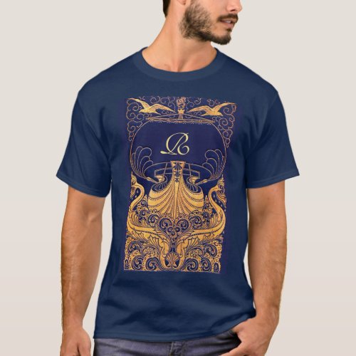 Antique VesselDolphinsGoldNavy Blue Monogram T_Shirt