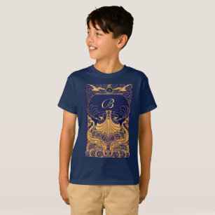 Antique Vessel,Dolphins,Gold,Navy Blue Monogram T-Shirt