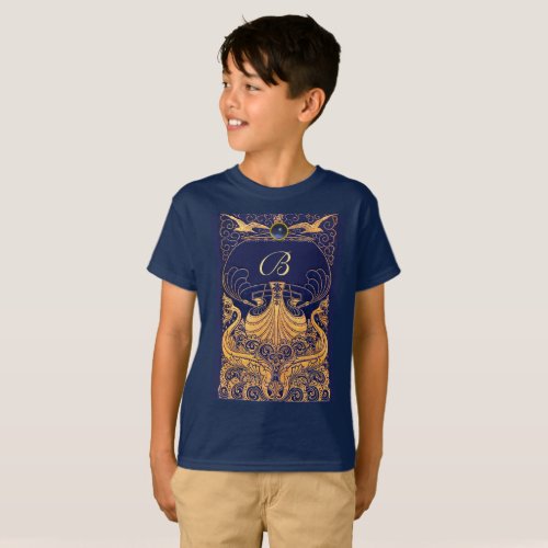 Antique VesselDolphinsGoldNavy Blue Monogram T_Shirt