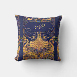 Antique Vessel,Dolphins,Gold,Navy Blue Monogram Throw Pillow