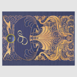 Antique Vessel,Dolphins,Gold,Navy Blue Monogram Tissue Paper