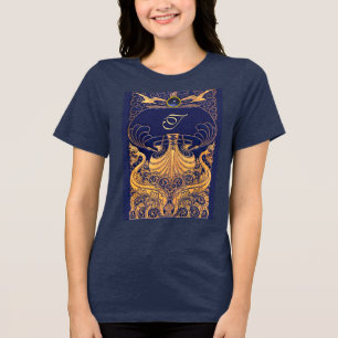 Antique Vessel,Dolphins,Gold,Navy Blue Monogram Tri-Blend Shirt