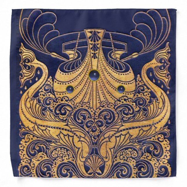 Antique Vessel,Dolphins,Gold,Navy Blue Nautical Bandana (Front)