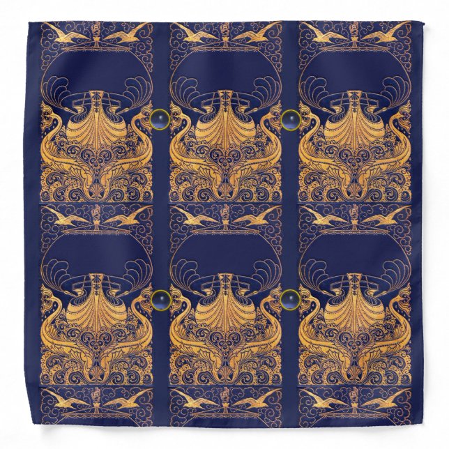 Antique Vessel,Dolphins,Gold,Navy Blue Nautical Bandana (Front)