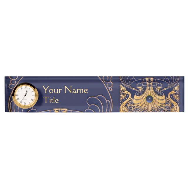 Antique Vessel,Dolphins,Gold,Navy Blue Nautical Desk Name Plate (Front)