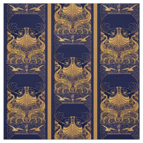 Antique VesselDolphinsGoldNavy Blue Nautical Fabric