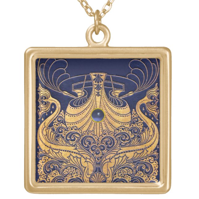 Antique Vessel,Dolphins,Gold,Navy Blue Nautical Gold Plated Necklace (Front)