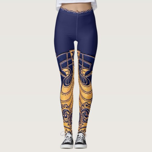 Antique VesselDolphinsGoldNavy Blue Nautical Leggings