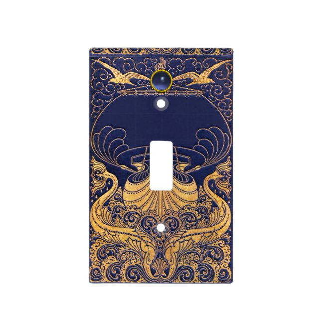Antique Vessel,Dolphins,Gold,Navy Blue Nautical Light Switch Cover (Front)