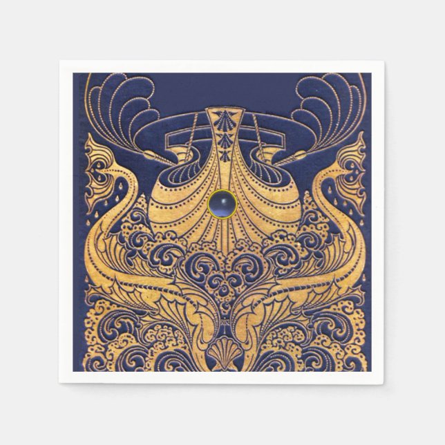 Antique Vessel,Dolphins,Gold,Navy Blue Nautical Paper Napkins (Front)