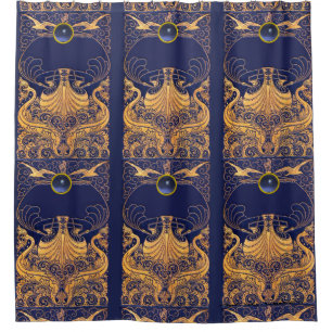 Antique Vessel,Dolphins,Gold,Navy Blue Nautical Shower Curtain
