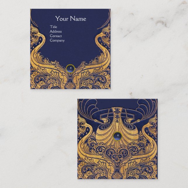 Antique Vessel,Dolphins,Gold,Navy Blue Nautical Square Business Card (Front/Back)