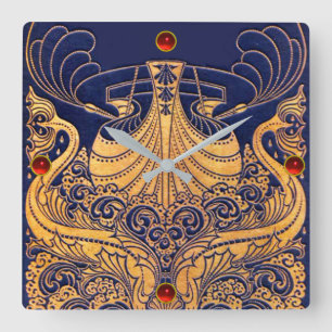 Antique Vessel,Dolphins,Gold,Navy Blue Nautical Square Wall Clock