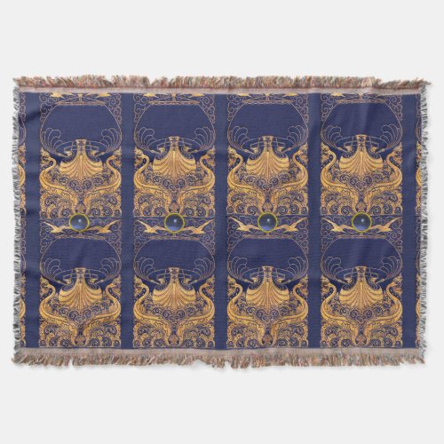 Antique VesselDolphinsGoldNavy Blue Nautical Throw Blanket