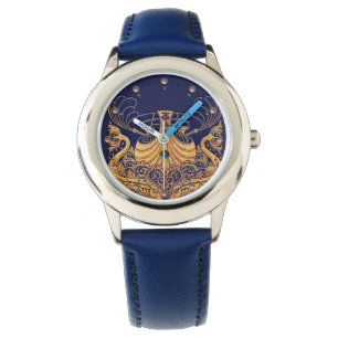 Antique Vessel,Dolphins,Gold,Navy Blue Nautical Watch