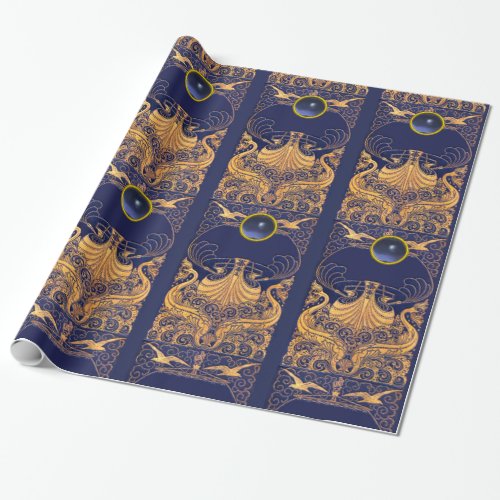 Antique VesselDolphinsGoldNavy Blue Nautical Wrapping Paper