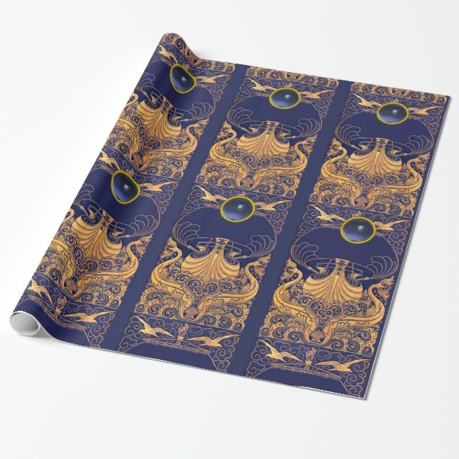 Antique Vessel,Dolphins,Gold,Navy Blue Nautical Wrapping Paper (Unrolled)
