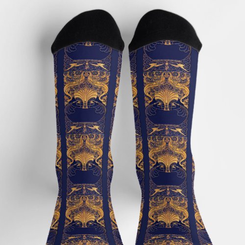 Antique Vessel,Dolphins,Gold,Navy Blue Pattern  Socks