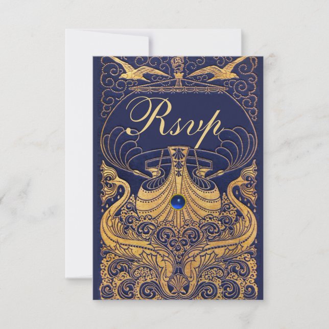 Antique Vessel,Dolphins,Gold,Navy Blue Rsvp Card (Front)