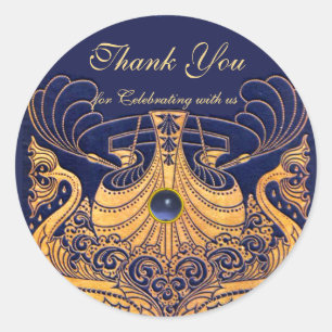 Antique Vessel,Dolphins,Gold,Navy Blue "Thank You" Classic Round Sticker
