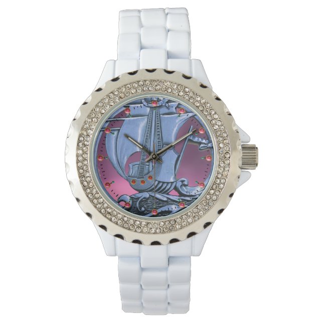 ANTIQUE VESSEL ,SEA WAVES, NAUTICAL Navy Blue Pink Watch (Front)