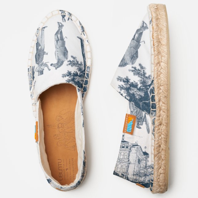 antique victorian animal toile anthropomorph blue espadrilles (Side)