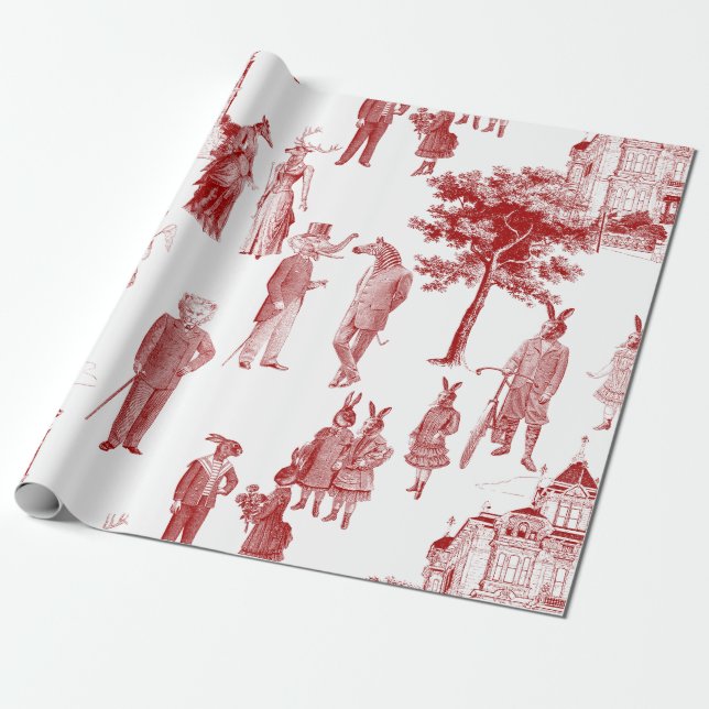 antique victorian animal toile anthropomorphic red wrapping paper (Unrolled)