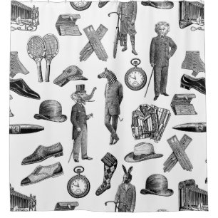 antique victorian animals black white toile men shower curtain