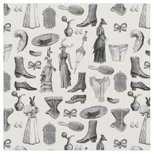 antique victorian animals black white toile women fabric