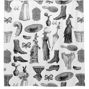antique victorian animals black white toile women shower curtain