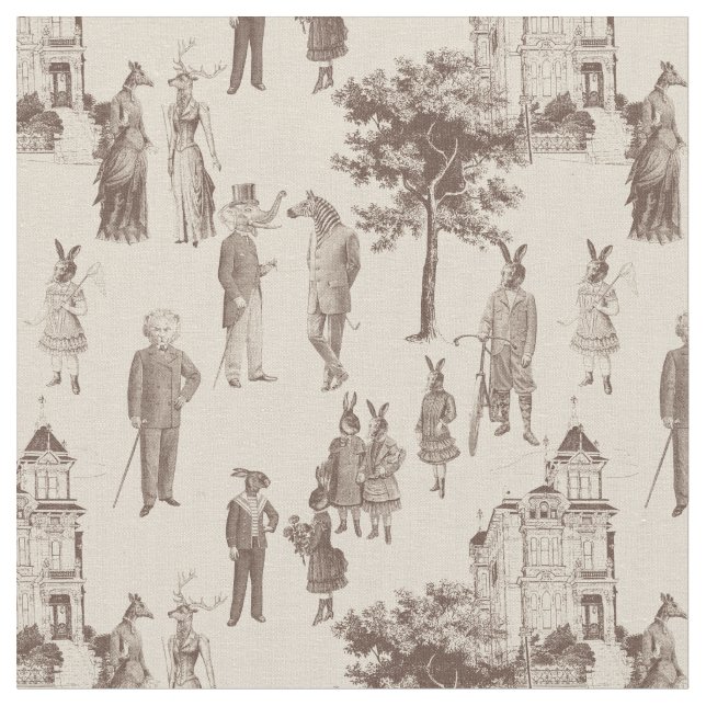 antique victorian animals brown beige toile fabric (Close Up)