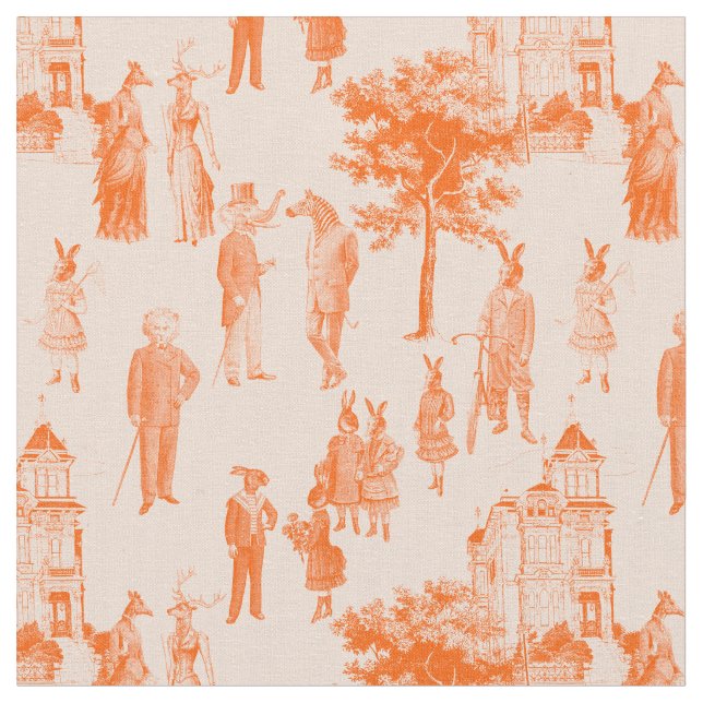 antique victorian animals orange toile fabric (Close Up)