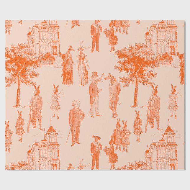antique victorian animals orange toile wrapping paper (Flat)