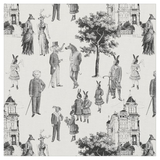 antique victorian animals toile anthropomorphic fabric (Close Up)