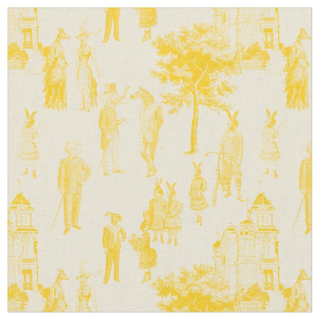 antique victorian animals yellow toile fabric (Close Up)