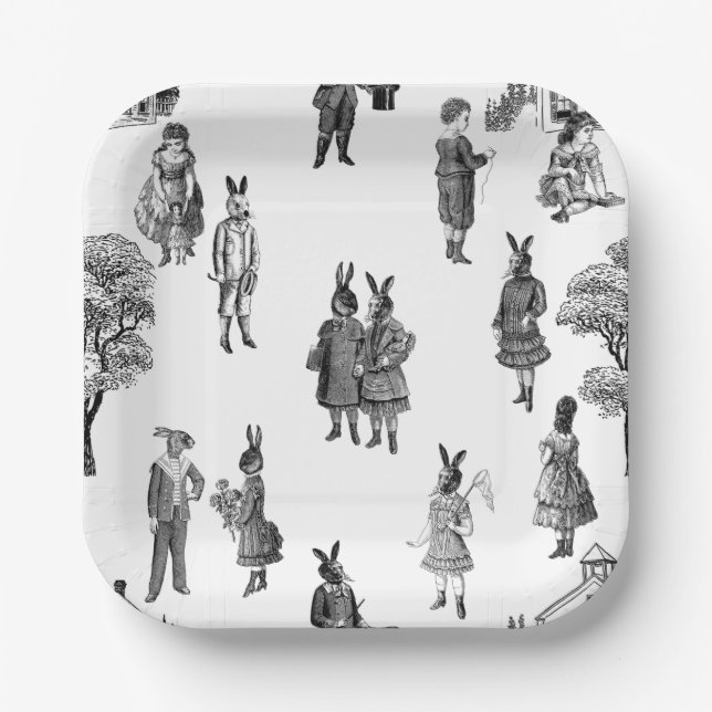 antique victorian baby animals kids white toile paper plates (Front)