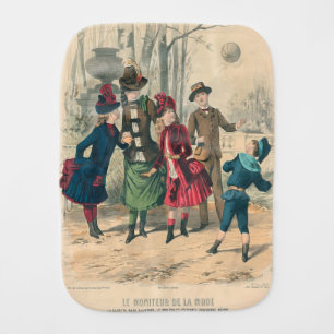 Antique Victorian Children Play Ball 1880 Winter Baby Burp Cloth