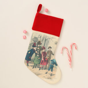 Antique Victorian Children Play Ball 1880 Winter Christmas Stocking