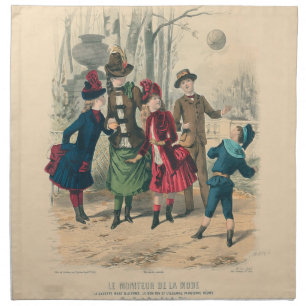 Antique Victorian Children Play Ball 1880 Winter Cloth Napkin
