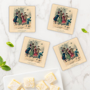 Antique Victorian Children Play Ball 1880 Winter Coaster Set