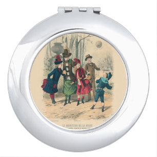 Antique Victorian Children Play Ball 1880 Winter Compact Mirror