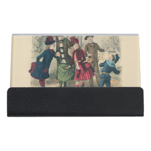 Antique Victorian Children Play Ball 1880 Winter Desk Business Card Holder