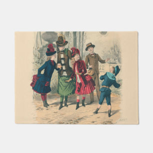 Antique Victorian Children Play Ball 1880 Winter Doormat